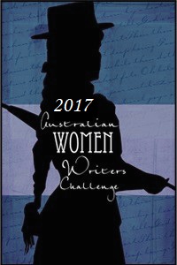 Black silouhette of a woman in a hat, holding a closed parasol under her arm, with the words "2017 Australian Women Writers Challenge" in white over her torso. Blue and purple background.